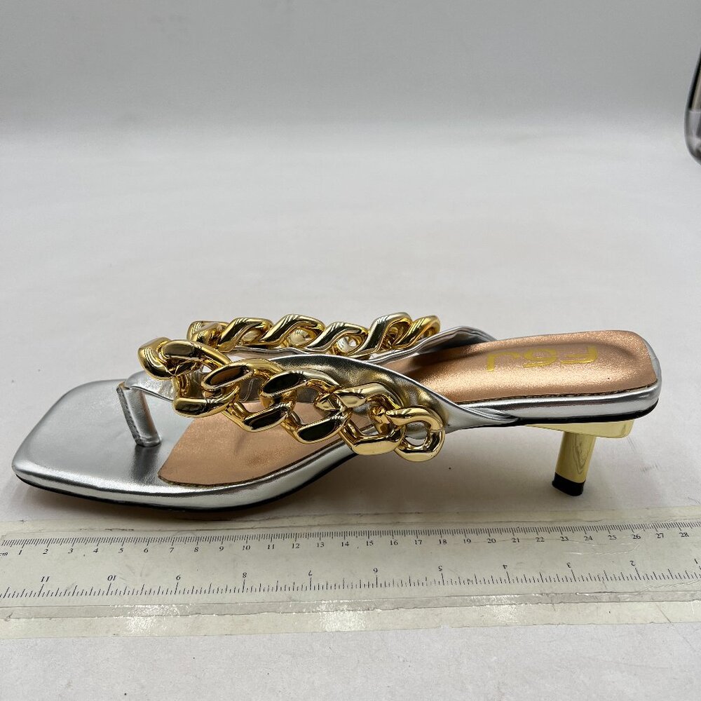 FSJ Silver Sexy Square Toe Kitten Heel Thong Dress Sandal Slip On Chain Shoes